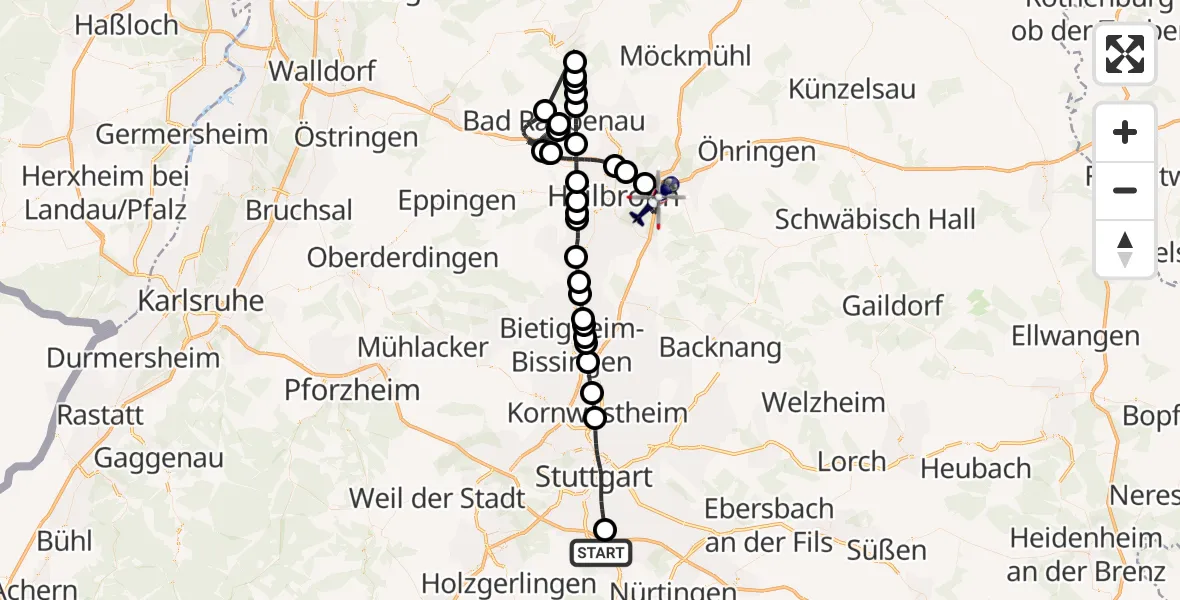 Flugroute Polizeihubschrauber Flughafen Stuttgart - Weinsberg, 19 Juni 2026, 13:09