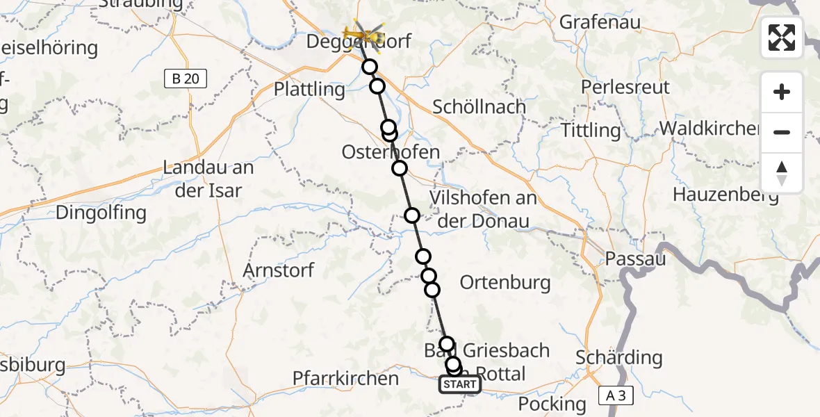 Flugroute Rettungshubschrauber Bayerbach - Deggendorf, 19 Juni 2026, 13:13