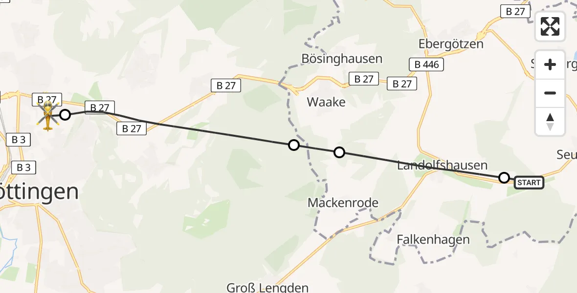 Flugroute Rettungshubschrauber Seulingen - Göttingen University Clinic Hubschrauberlandeplatz, 19 Juni 2026, 13:15