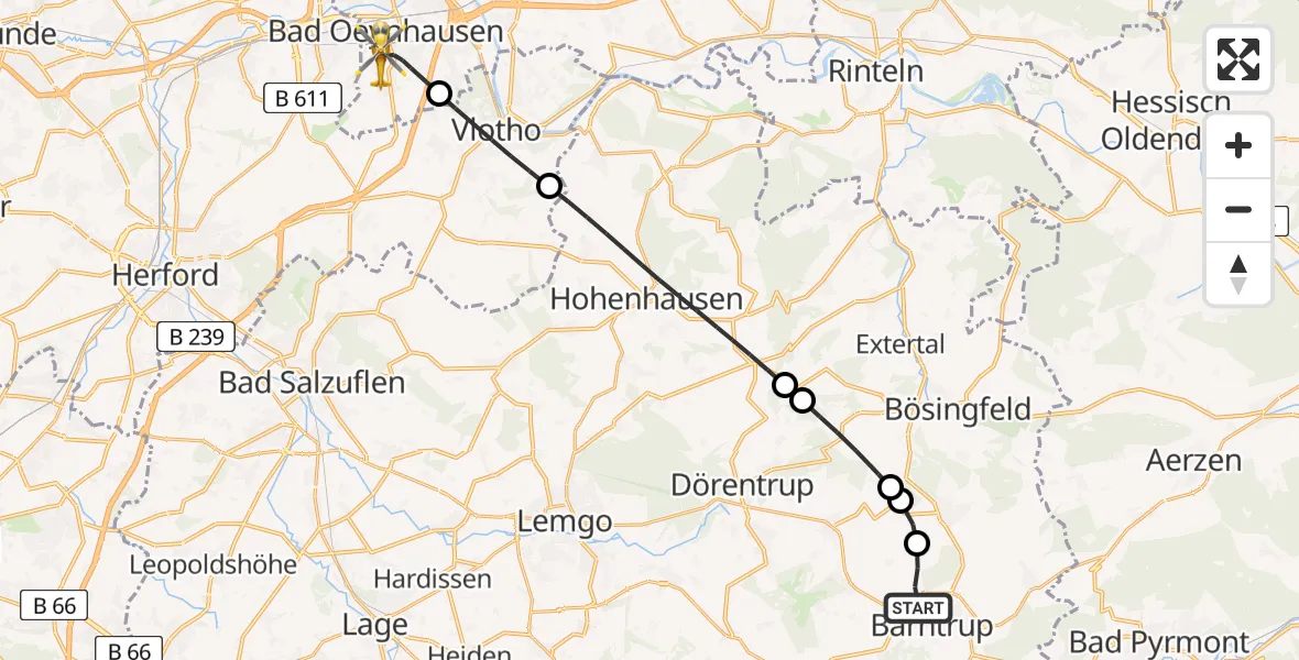 Flugroute Rettungshubschrauber Barntrup - Bad Oeynhausen, 19 Juni 2026, 13:17