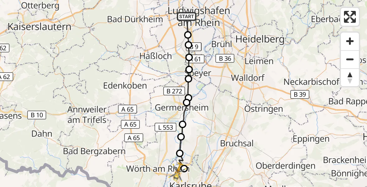 Flugroute Rettungshubschrauber Ludwigshafen am Rhein - Karlsruhe, 19 Juni 2026, 13:21