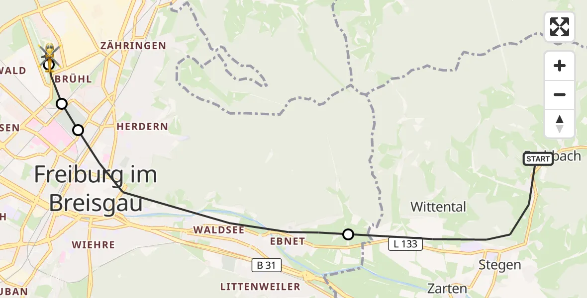 Flugroute Ambulanzhubschrauber Stegen - Freiburg im Breisgau Flugplatz, 19 Juni 2026, 13:21
