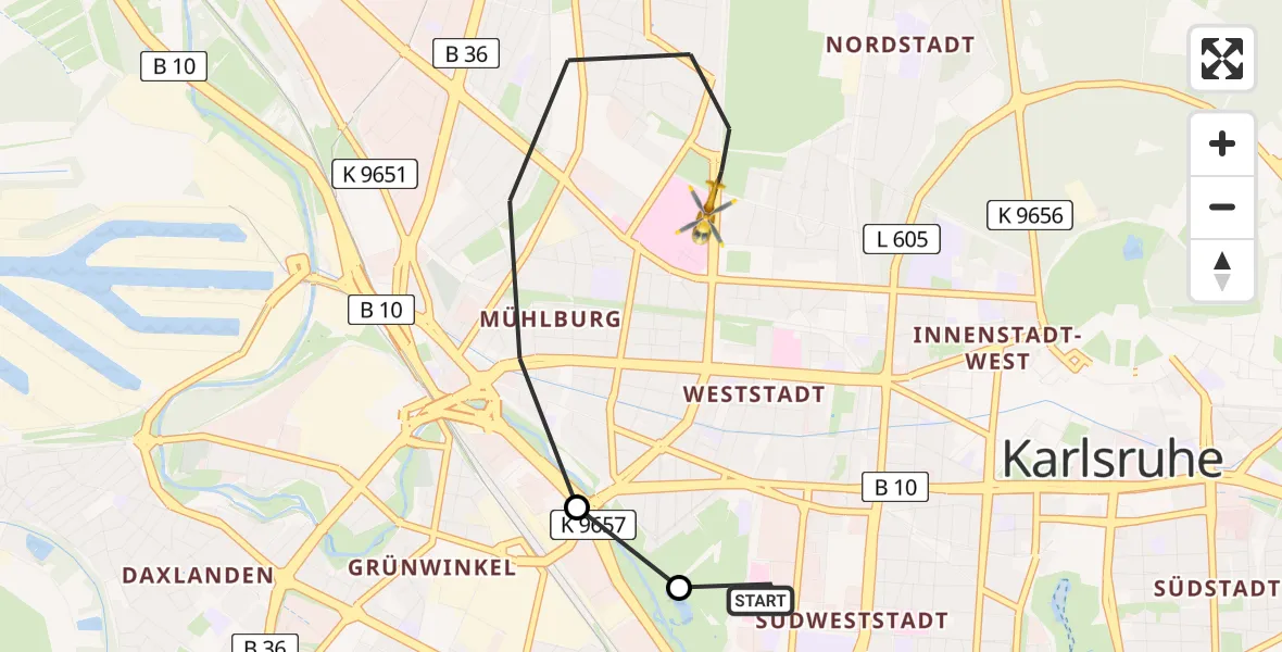 Flugroute Ambulanzhubschrauber Sankt Vincentius Hospital - Karlsruhe, 19 Juni 2026, 13:23