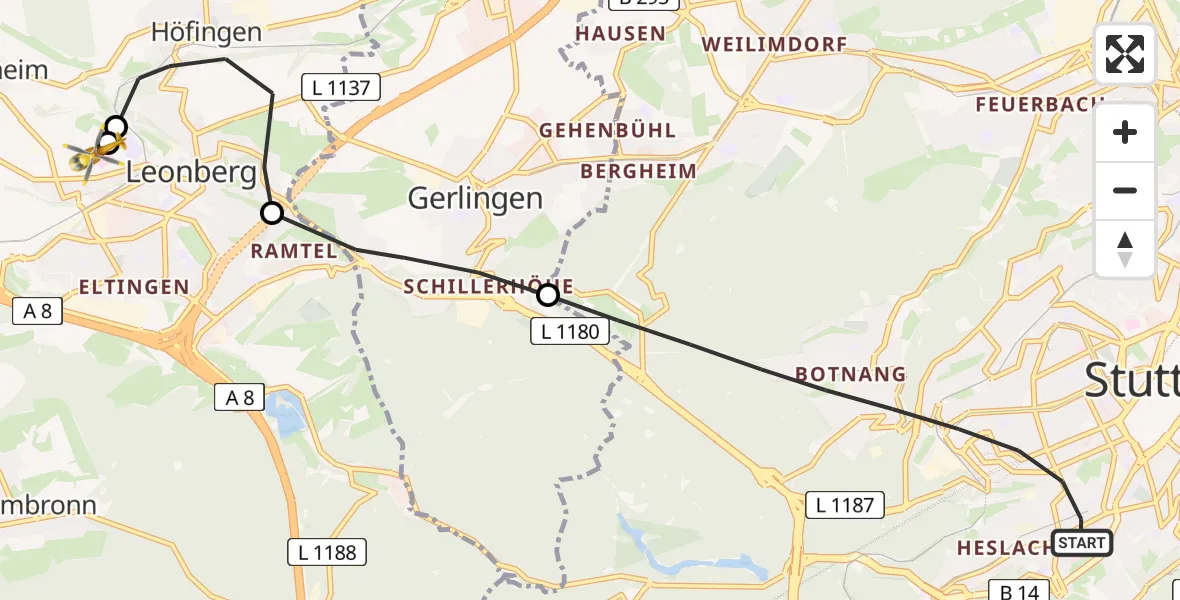 Flugroute Rettungshubschrauber Stuttgart - Leonberg Hospital, 19 Juni 2026, 13:26