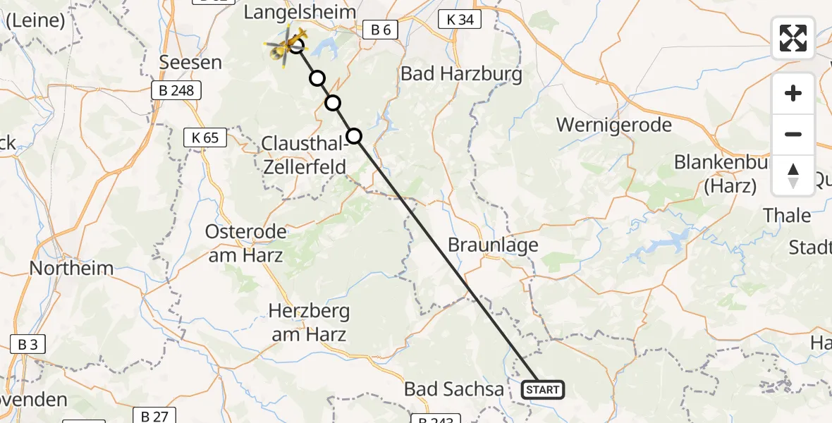 Flugroute Rettungshubschrauber Ellrich - Langelsheim, 19 Juni 2026, 13:33
