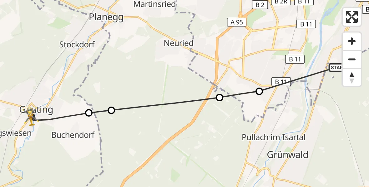 Flugroute Rettungshubschrauber ADAC Air Rescue Center Hubschrauberlandeplatz (Christoph 1) - Gauting, 19 Juni 2026, 13:44