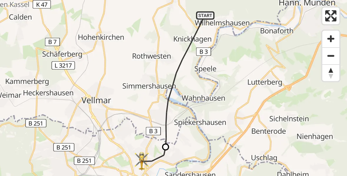 Flugroute Rettungshubschrauber Fuldatal - Kassel, 19 Juni 2026, 13:47