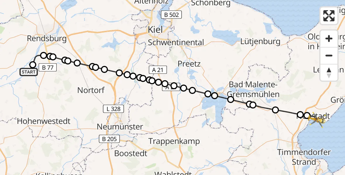 Flugroute Ambulanzhubschrauber Hörsten - Neustadt in Holstein, 19 Juni 2026, 13:48