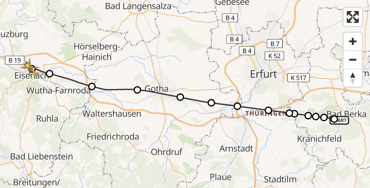 Flugroute Ambulanzhubschrauber Bad Berka Central Hospital - Sankt Georg Hospital Eisenach, 19 Juni 2026, 13:49