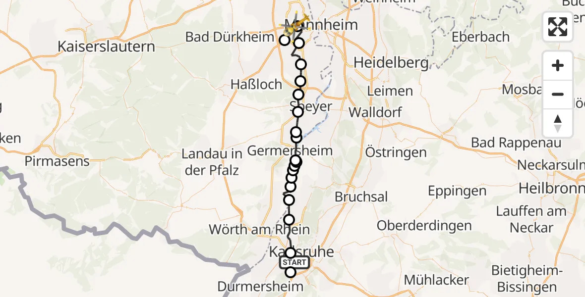 Flugroute Rettungshubschrauber Karlsruhe - Ludwigshafen Accident Hospital, 19 Juni 2026, 13:51