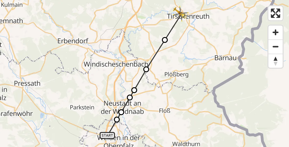 Flugroute Rettungshubschrauber Weiden i.d.OPf. - Tirschenreuth, 19 Juni 2026, 13:58