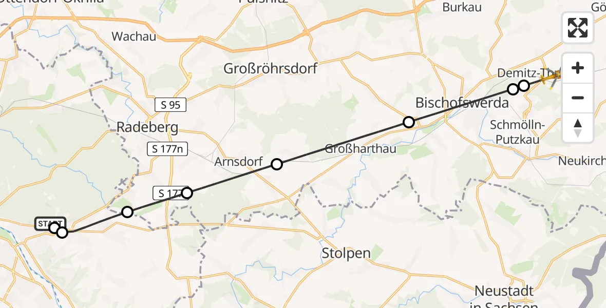 Flugroute Rettungshubschrauber Weißer Hirsch Hospital - Demitz-Thumitz, 19 Juni 2026, 14:05