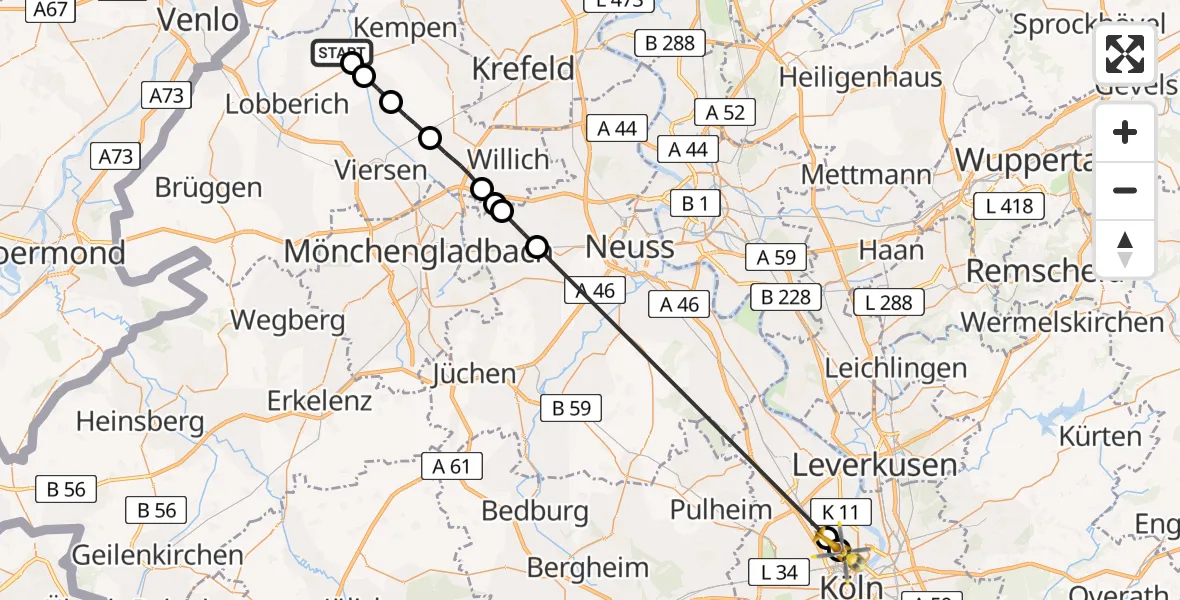 Flugroute Rettungshubschrauber Grefrath - Sankt Vinzenz Hospital, 19 Juni 2026, 14:06