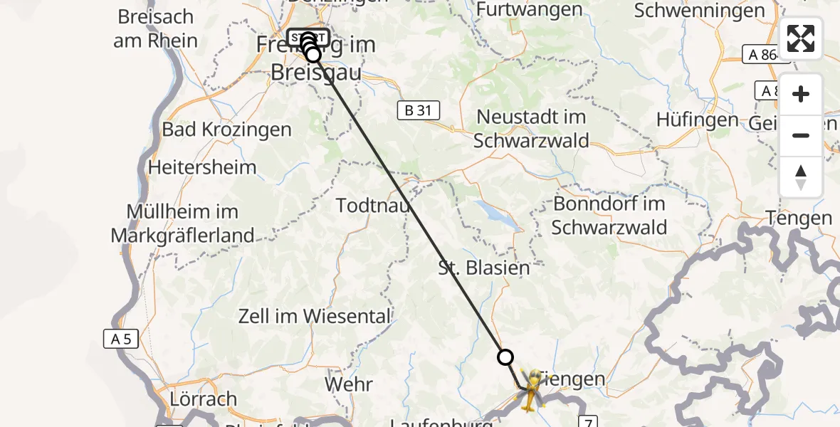 Flugroute Ambulanzhubschrauber Freiburg im Breisgau Flugplatz - Waldshut-Tiengen, 19 Juni 2026, 14:11