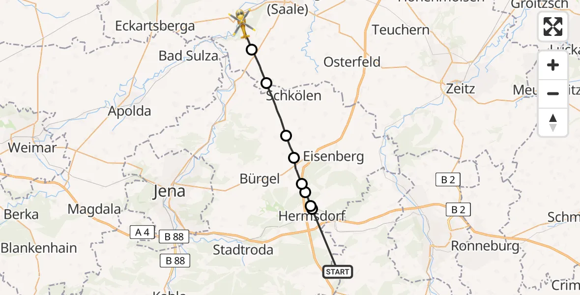 Flugroute Rettungshubschrauber Lindenkreuz - Naumburg (Saale), 19 Juni 2026, 14:26