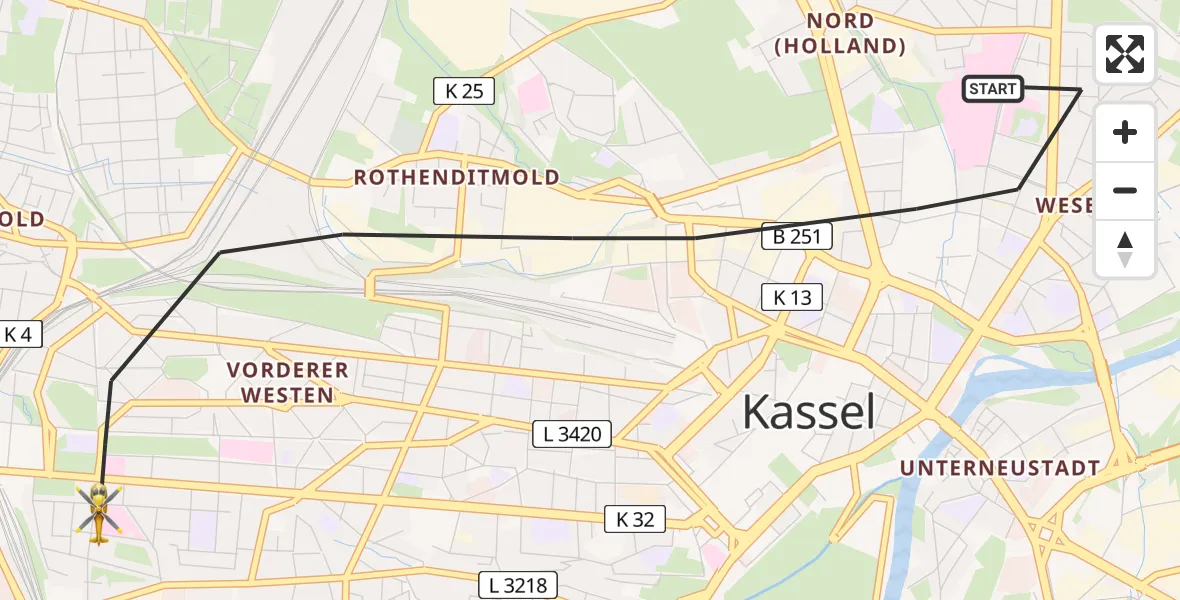Flugroute Rettungshubschrauber Kassel - Kassel, 19 Juni 2026, 14:29