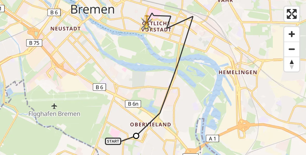 Flugroute Rettungshubschrauber ADAC Air Rescue Station Bremen Hubschrauberlandeplatz (Christoph 6) - Bremen, 19 Juni 2026, 14:34