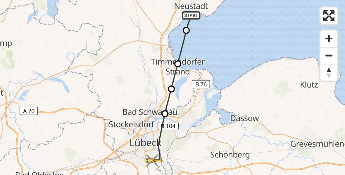 Flugroute Ambulanzhubschrauber Neustadt in Holstein - Lübeck, 19 Juni 2026, 14:39
