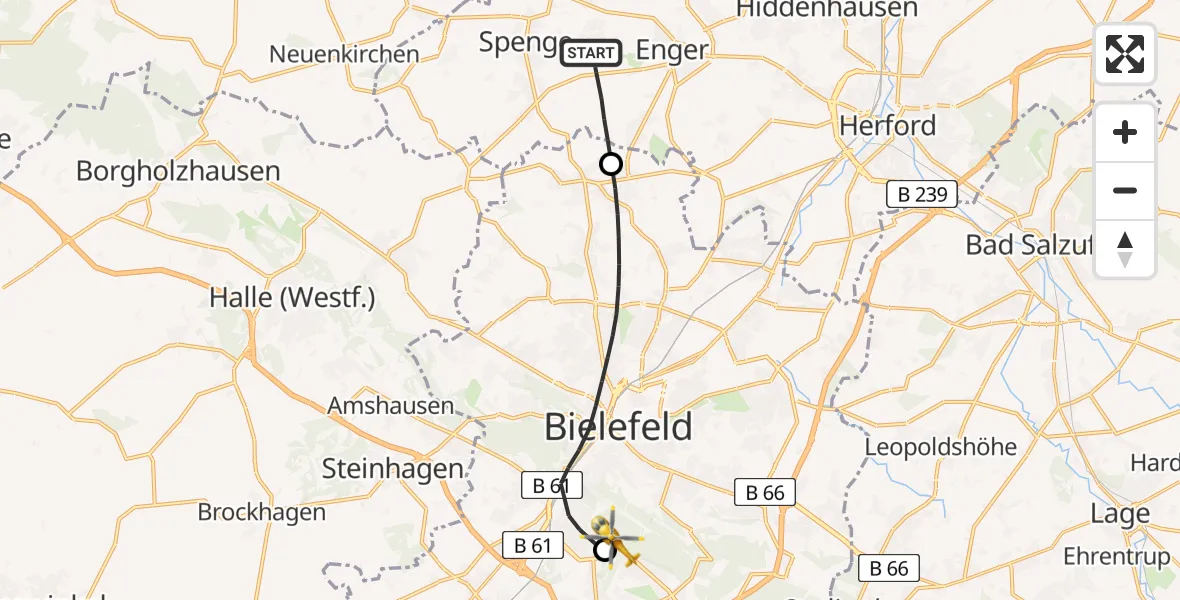 Flugroute Rettungshubschrauber Enger - Luftrettungszentrum Bielefeld, 19 Juni 2026, 14:40