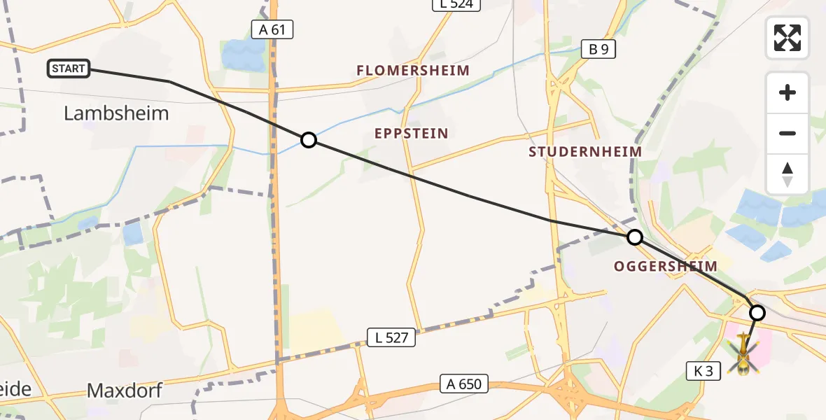 Flugroute Rettungshubschrauber Lambsheim - Ludwigshafen Accident Hospital Hubschrauberlandeplatz, 19 Juni 2026, 14:47