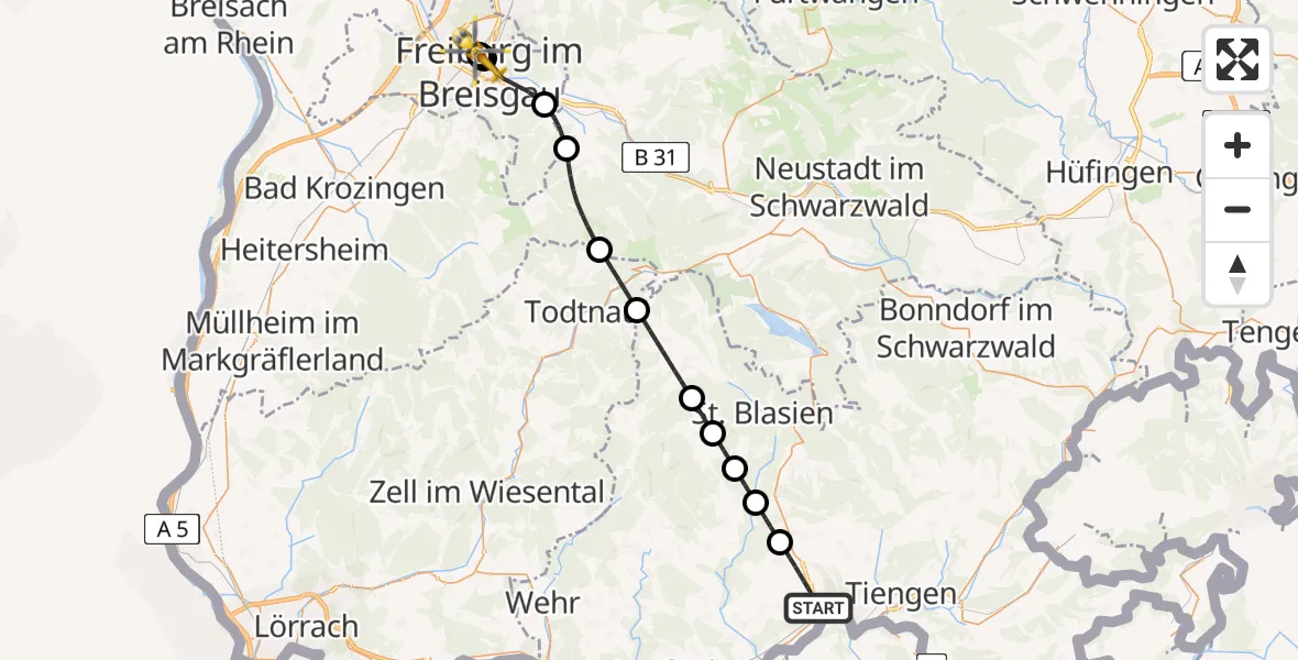 Flugroute Ambulanzhubschrauber Waldshut-Tiengen - Freiburg University Hospital Heliport 1, 19 Juni 2026, 14:49