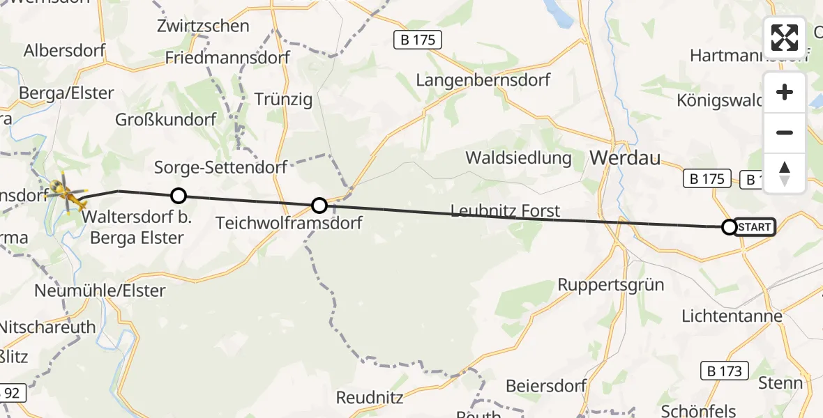 Flugroute Rettungshubschrauber ADAC Air Rescue Station Zwickau Hubschrauberlandeplatz - Berga-Wünschendorf, 19 Juni 2026, 15:01