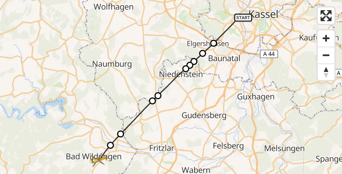 Flugroute Rettungshubschrauber Kassel - Bad Wildungen, 19 Juni 2026, 15:02