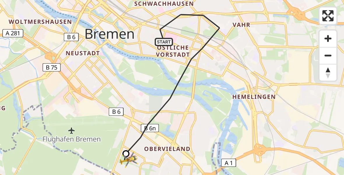 Flugroute Rettungshubschrauber Bremen - ADAC Air Rescue Station Bremen Hubschrauberlandeplatz (Christoph 6), 19 Juni 2026, 15:03
