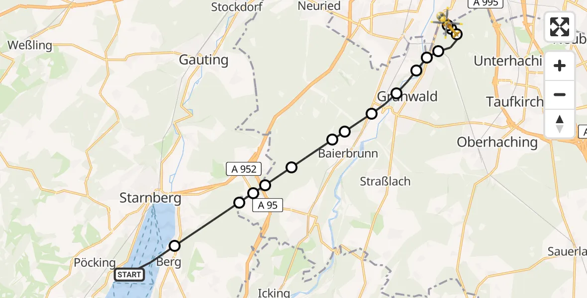 Flugroute Rettungshubschrauber Starnberger See - ADAC Air Rescue Center Hubschrauberlandeplatz (Christoph 1), 19 Juni 2026, 15:11