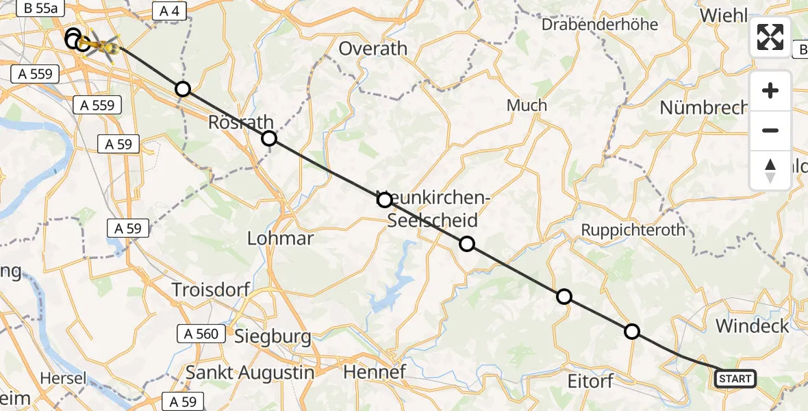 Flugroute Rettungshubschrauber Windeck - Köln, 19 Juni 2026, 15:14