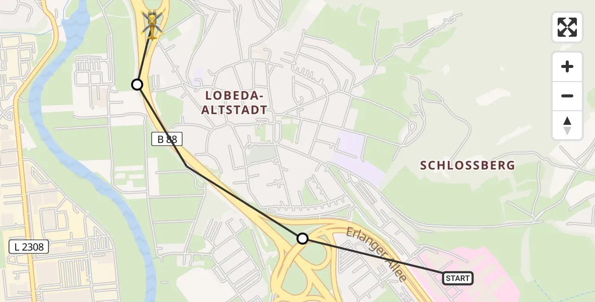 Flugroute Ambulanzhubschrauber Jena University Hospital - Lobeda Hubschrauberlandeplatz, 19 Juni 2026, 15:17
