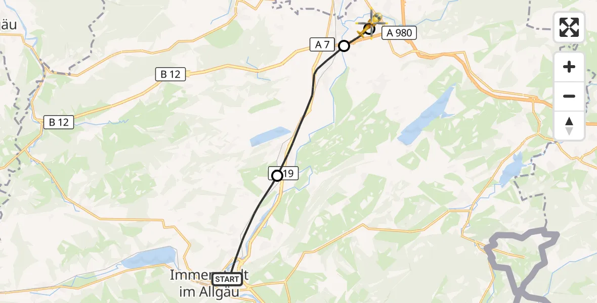 Flugroute Rettungshubschrauber Immenstadt i.Allgäu - Kempten-Durach Flugplatz, 19 Juni 2026, 15:20