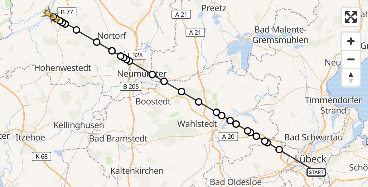 Flugroute Ambulanzhubschrauber Lübeck - Rendsburg-Schachtholm Flugplatz, 19 Juni 2026, 15:21