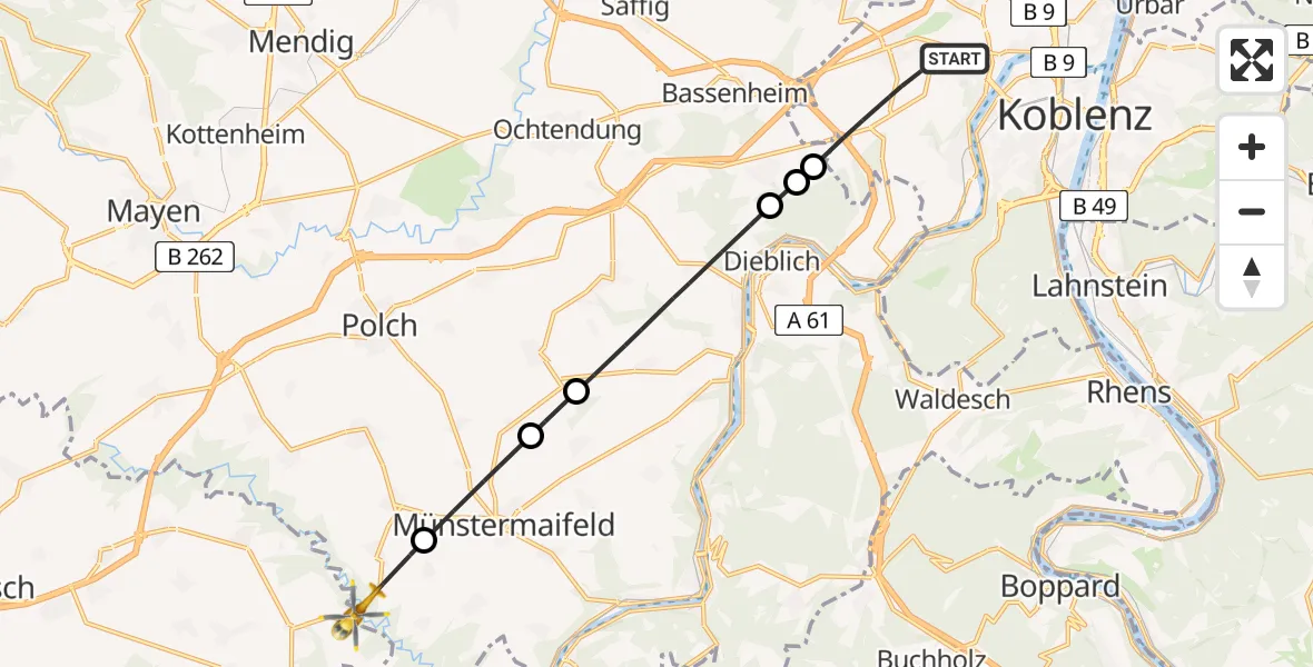 Flugroute Rettungshubschrauber Koblenz - Pillig, 19 Juni 2026, 15:22
