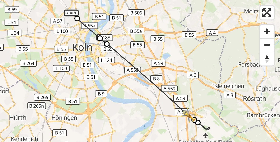Flugroute Rettungshubschrauber Sankt Vinzenz Hospital - Köln, 19 Juni 2026, 15:32