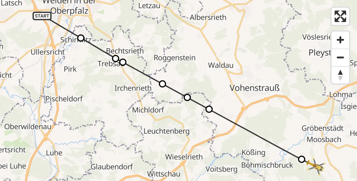 Flugroute Rettungshubschrauber Weiden i.d.OPf. - Moosbach, 19 Juni 2026, 15:38