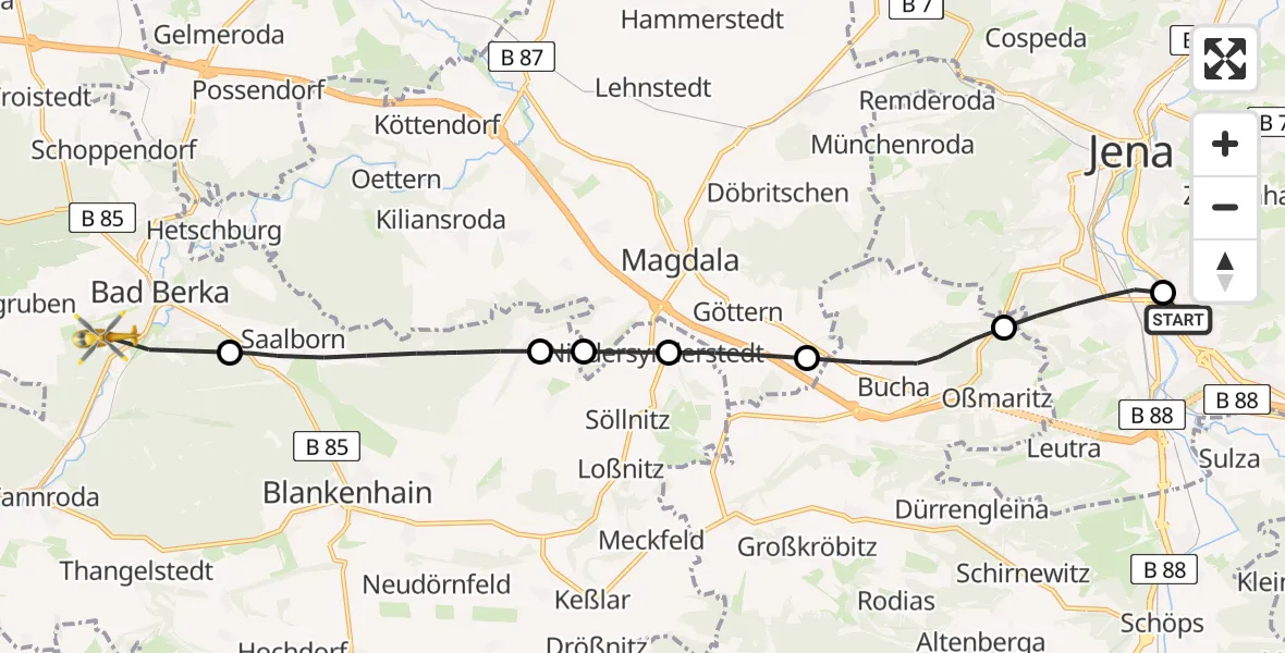 Flugroute Ambulanzhubschrauber Lobeda Hubschrauberlandeplatz - Bad Berka Central Hospital, 19 Juni 2026, 15:43