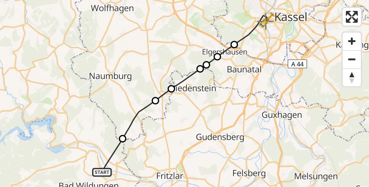 Flugroute Rettungshubschrauber Edertal - Kassel, 19 Juni 2026, 15:45