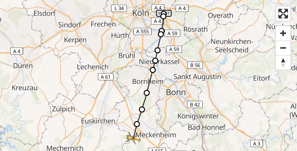 Flugroute Rettungshubschrauber Merheim Hospital - Rheinbach, 19 Juni 2026, 15:45