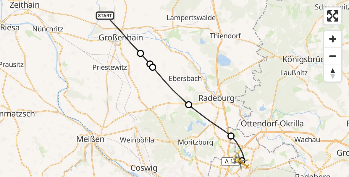 Flugroute Rettungshubschrauber Großenhain - Dresden Bundespolizei Hubschrauberlandeplatz, 19 Juni 2026, 15:54