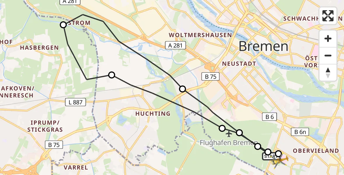 Flugroute Rettungshubschrauber ADAC Air Rescue Station Bremen Hubschrauberlandeplatz (Christoph 6) - ADAC Air Rescue Station Bremen Hubschrauberlandeplatz (Christoph 6), 19 Juni 2026, 15:57