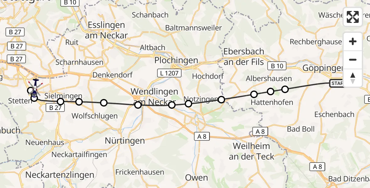 Flugroute Polizeihubschrauber Göppingen - Flughafen Stuttgart, 19 Juni 2026, 16:10