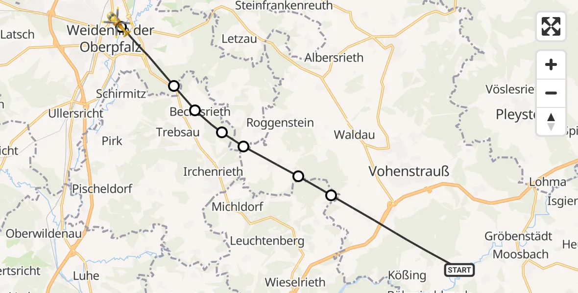 Flugroute Rettungshubschrauber Vohenstrauß - Weiden Hospital, 19 Juni 2026, 16:13