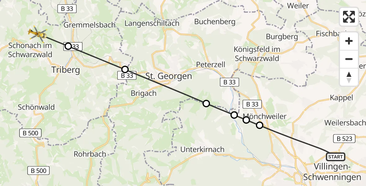 Flugroute Ambulanzhubschrauber Villingen-Schwenningen - Schonach im Schwarzwald, 19 Juni 2026, 16:19