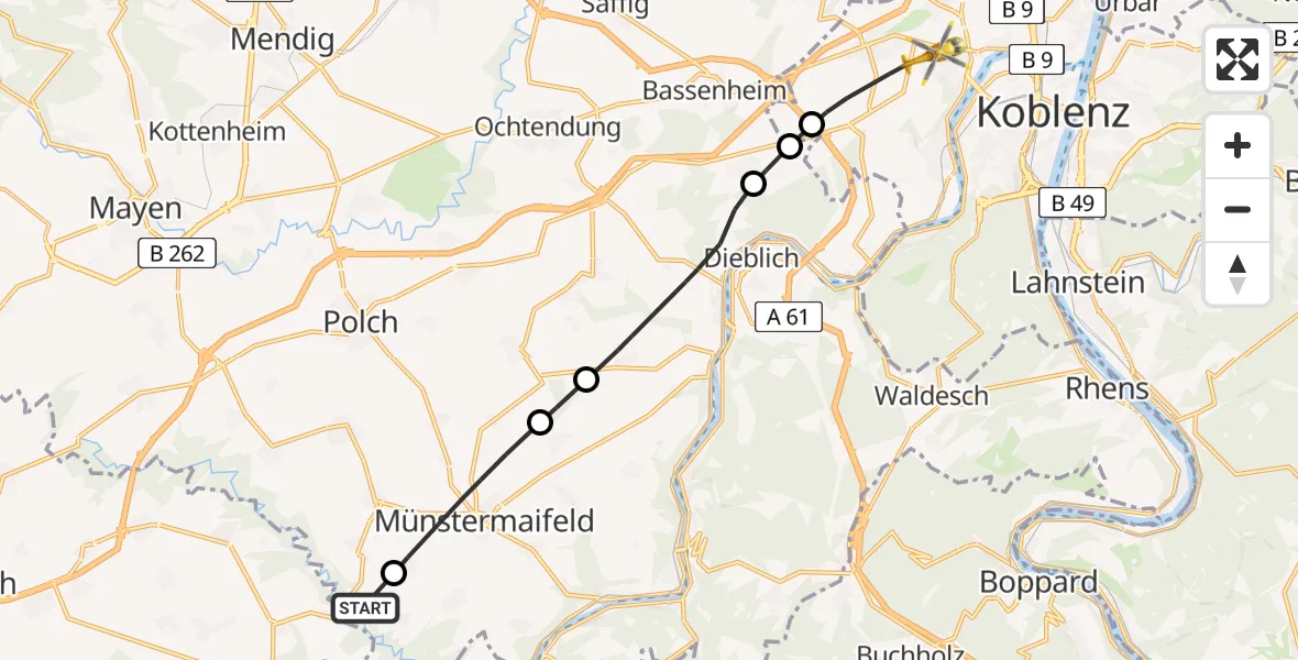 Flugroute Rettungshubschrauber Pillig - Koblenz, 19 Juni 2026, 16:22