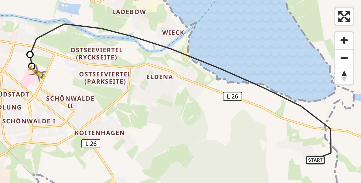 Flugroute Rettungshubschrauber Greifswald - Greifswald Hospital, 19 Juni 2026, 16:29
