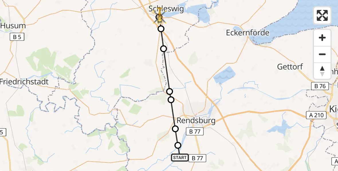 Flugroute Ambulanzhubschrauber Schülp b.Rendsburg - Schleswig, 19 Juni 2026, 16:37