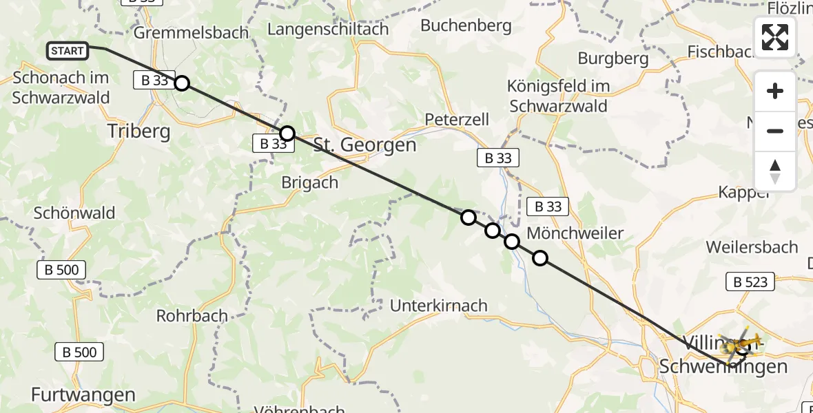 Flugroute Ambulanzhubschrauber Schonach im Schwarzwald - DRF Air Rescue Station Villingen-Schwenningen Hubschrauberlandeplatz (Christoph 11), 19 Juni 2026, 16:53