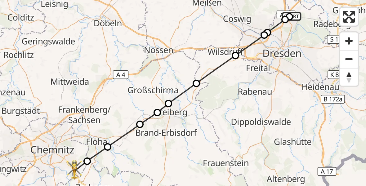 Flugroute Rettungshubschrauber Dresden Bundespolizei Hubschrauberlandeplatz - Chemnitz, 19 Juni 2026, 16:54