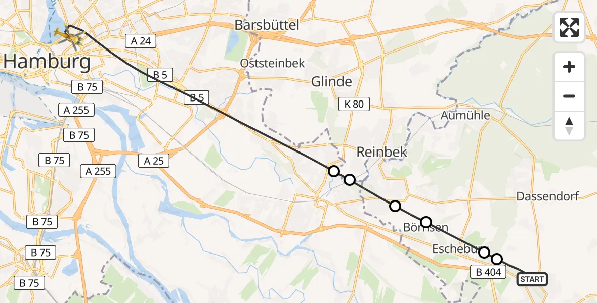 Flugroute Rettungshubschrauber Geesthacht - Hamburg, 19 Juni 2026, 16:55